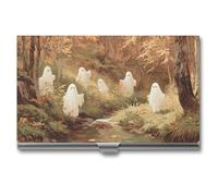 Jubonexis Several Cute White Ghosts in an Autumn Forest Business Card Holder, Pocket Slim Metal Business Card Case for Women Men