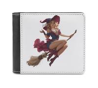 Jubonexis Sexy Pretty Witch Flying on The Broom Soft PU Leather Bifold Wallet, Coin Purse Credit Pass Case, Durable Card-Holder Slim Billfold for Men Woman Money Storage