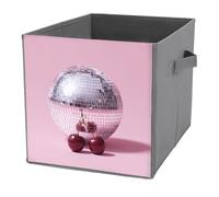 Jubonexis Silver Disco Ball with Two Dark Red Cherries Cube Storage Bins Storage Cubes Foldable Decorative Fabric Storage Baskets Home Organizers with Handles for Shelves,Closet, 27x27 CM