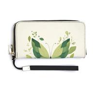Jubonexis Simple Green Butterfly and Leaves PU Leather Clutch Long Bifold Wallet, Coin Purse Credit Pass Case, Durable Card-Holder Money Storage for Women Men