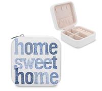 Jubonexis Simple Navy Blue Home Sweet Home Small Jewelry Box Jewelry Organizer Portable PU Leather Mini Travel Jewelry Case
