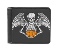 Jubonexis Skeleton with Wings Orange Pumpkin Soft PU Leather Bifold Wallet, Coin Purse Credit Pass Case, Durable Card-Holder Slim Billfold for Men Woman Money Storage