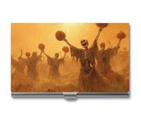 Jubonexis Skeletons Dancing in The Pumpkin Patch Business Card Holder, Pocket Slim Metal Business Card Case for Women Men