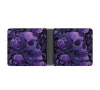 Jubonexis Skull and Purple Roses Soft PU Leather Bifold Wallet, Coin Purse Credit Pass Case, Durable Card-Holder Slim Billfold for Men Woman Money Storage