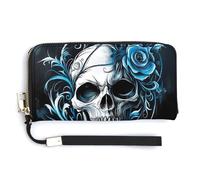 Jubonexis Skull Blue Rose Horror Gothic PU Leather Clutch Long Bifold Wallet, Coin Purse Credit Pass Case, Durable Card-Holder Money Storage for Women Men