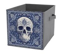 Jubonexis Skull Motif White Dark Blue Tones Cube Storage Bins Storage Cubes Foldable Decorative Fabric Storage Baskets Home Organizers with Handles for Shelves,Closet, 27x27 CM