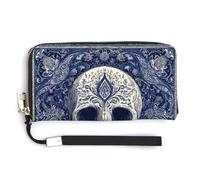 Jubonexis Skull Motif White Dark Blue Tones PU Leather Clutch Long Bifold Wallet, Coin Purse Credit Pass Case, Durable Card-Holder Money Storage for Women Men