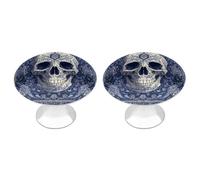Jubonexis Skull Motif White Dark Blue Tones Round Drawer Cabinet Knobs Handles with Screws,2 Pcs, Drawer Dresser Knob Pulls Decor for Wardrobe Cupboard Home Office Kitchen