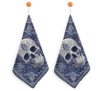Jubonexis Skull Motif White Dark Blue Tones Small Hand Towel with Hanging Loop 2 PCS Absorbent Soft Wash Cloth for Kitchen Bathroom