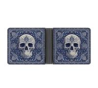 Jubonexis Skull Motif White Dark Blue Tones Soft PU Leather Bifold Wallet, Coin Purse Credit Pass Case, Durable Card-Holder Slim Billfold for Men Woman Money Storage
