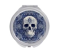 Jubonexis Skull Motif White Dark Blue Tones Women Pocket Mirrors, Girls Small Portable Travel Makeup Mini Mirror