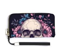 Jubonexis Skull Pastel Pink Blue Flowers PU Leather Clutch Long Bifold Wallet, Coin Purse Credit Pass Case, Durable Card-Holder Money Storage for Women Men