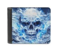 Jubonexis Skull with Blue and White Flames Soft PU Leather Bifold Wallet, Coin Purse Credit Pass Case, Durable Card-Holder Slim Billfold for Men Woman Money Storage