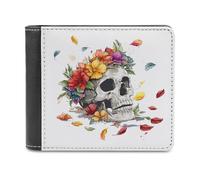 Jubonexis Skull with Flower Crown Soft PU Leather Bifold Wallet, Coin Purse Credit Pass Case, Durable Card-Holder Slim Billfold for Men Woman Money Storage