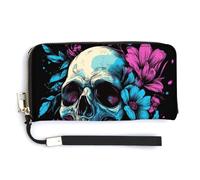 Jubonexis Skull with Pastel Pink Blue Flowers PU Leather Clutch Long Bifold Wallet, Coin Purse Credit Pass Case, Durable Card-Holder Money Storage for Women Men