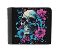 Jubonexis Skull with Pastel Pink Blue Flowers Soft PU Leather Bifold Wallet, Coin Purse Credit Pass Case, Durable Card-Holder Slim Billfold for Men Woman Money Storage
