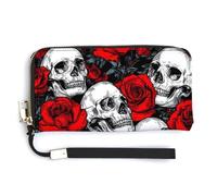Jubonexis Skulls and Red Roses Vintage PU Leather Clutch Long Bifold Wallet, Coin Purse Credit Pass Case, Durable Card-Holder Money Storage for Women Men