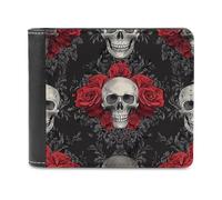 Jubonexis Skulls Red Roses Vintage Soft PU Leather Bifold Wallet, Coin Purse Credit Pass Case, Durable Card-Holder Slim Billfold for Men Woman Money Storage