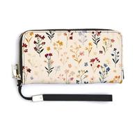 Jubonexis Small Flowers Foliage Light Beige PU Leather Clutch Long Bifold Wallet, Coin Purse Credit Pass Case, Durable Card-Holder Money Storage for Women Men