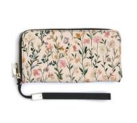 Jubonexis Small Flowers Foliage Pattern Light Beige PU Leather Clutch Long Bifold Wallet, Coin Purse Credit Pass Case, Durable Card-Holder Money Storage for Women Men