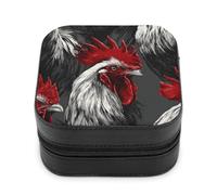 Jubonexis Small Jewelry Box Black And White Roosters with Red Tail Feathers Portable PU Leather Mini Display Storage Holder Boxes Travel Jewelry Case for Women