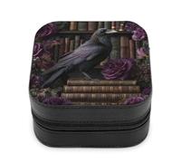 Jubonexis Small Jewelry Box Dark Gothic Raven Perched on A Vintage Book Portable PU Leather Mini Display Storage Holder Boxes Travel Jewelry Case for Women