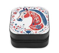 Jubonexis Small Jewelry Box Horse in Traditional Folk Art Patterns Portable PU Leather Mini Display Storage Holder Boxes Travel Jewelry Case for Women