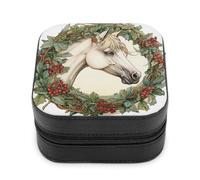 Jubonexis Small Jewelry Box Horse Wearing A Christmas Wreath Portable PU Leather Mini Display Storage Holder Boxes Travel Jewelry Case for Women
