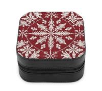 Jubonexis Small Jewelry Box Intricate White Snowflakes on A Rich Red Portable PU Leather Mini Display Storage Holder Boxes Travel Jewelry Case for Women