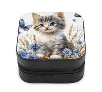 Jubonexis Small Jewelry Box Little Kitten Wheat Ears Butterflies Portable PU Leather Mini Display Storage Holder Boxes Travel Jewelry Case for Women