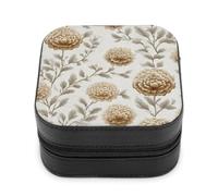 Jubonexis Small Jewelry Box Pastel Beige Block Print-style Flowers Portable PU Leather Mini Display Storage Holder Boxes Travel Jewelry Case for Women
