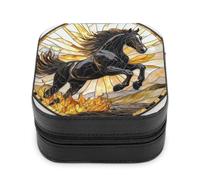 Jubonexis Small Jewelry Box Stained Glass Black Horse Running Portable PU Leather Mini Display Storage Holder Boxes Travel Jewelry Case for Women