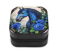 Jubonexis Small Jewelry Box Stained Glass Blue Horse Flower Portable PU Leather Mini Display Storage Holder Boxes Travel Jewelry Case for Women