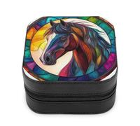 Jubonexis Small Jewelry Box Stained Glass Colorful Horse Head Portable PU Leather Mini Display Storage Holder Boxes Travel Jewelry Case for Women