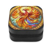 Jubonexis Small Jewelry Box Stained Glass Colorful Phoenix Fantasy Art Portable PU Leather Mini Display Storage Holder Boxes Travel Jewelry Case for Women
