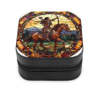Jubonexis Small Jewelry Box Stained Glass Native on Horse with Bow Arrow Portable PU Leather Mini Display Storage Holder Boxes Travel Jewelry Case for Women