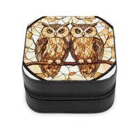 Jubonexis Small Jewelry Box Stained Glass of A Pair of Owls Portable PU Leather Mini Display Storage Holder Boxes Travel Jewelry Case for Women