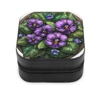 Jubonexis Small Jewelry Box Stained Glass Purple Pansies Portable PU Leather Mini Display Storage Holder Boxes Travel Jewelry Case for Women