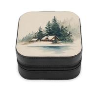 Jubonexis Small Jewelry Box Watercolor Winter Ski Cabin Dark Green Pines Portable PU Leather Mini Display Storage Holder Boxes Travel Jewelry Case for Women