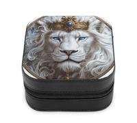 Jubonexis Small Jewelry Box White Lion Wearing King's Crown Portable PU Leather Mini Display Storage Holder Boxes Travel Jewelry Case for Women