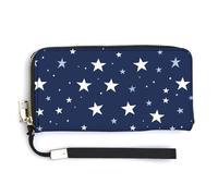 Jubonexis Small White Stars on A Navy Blue PU Leather Clutch Long Bifold Wallet, Coin Purse Credit Pass Case, Durable Card-Holder Money Storage for Women Men