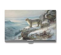 Jubonexis Snow Leopard on A Mountain Ledge Business Card Holder, Pocket Slim Metal Business Card Case for Women Men