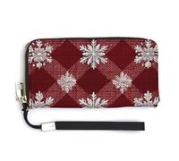Jubonexis Snowflakes on A Red and White Checkered Pattern PU Leather Clutch Long Bifold Wallet, Coin Purse Credit Pass Case, Durable Card-Holder Money Storage for Women Men