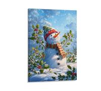 Jubonexis Snowman Holly Mistletoe in The Snowy Landscape Wall Art Poster Canvas Print Painting Aesthetic Picture for Living Room Farmhouse Decor Unframed 12x18inch(30x45cm)