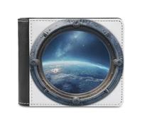 Jubonexis Space Earth Spaceship Window Soft PU Leather Bifold Wallet, Coin Purse Credit Pass Case, Durable Card-Holder Slim Billfold for Men Woman Money Storage
