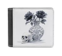 Jubonexis Spooky Skull Black Vase with Roses Halloween Soft PU Leather Bifold Wallet, Coin Purse Credit Pass Case, Durable Card-Holder Slim Billfold for Men Woman Money Storage