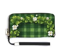 Jubonexis St. Patrick's Day Clovers Frame on Green Checkered PU Leather Clutch Long Bifold Wallet, Coin Purse Credit Pass Case, Durable Card-Holder Money Storage for Women Men