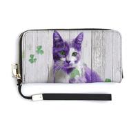 Jubonexis St. Patrick's Day Purple Cat with Flowers on Wood PU Leather Clutch Long Bifold Wallet, Coin Purse Credit Pass Case, Durable Card-Holder Money Storage for Women Men