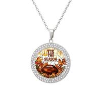 Jubonexis Stained Glass American Football Pumpkins Autumn Round Pendant Necklace Silver Jewelry for Women