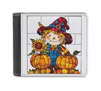 Jubonexis Stained Glass Autumn Scarecrow Pumpkins Soft PU Leather Bifold Wallet, Coin Purse Credit Pass Case, Durable Card-Holder Slim Billfold for Men Woman Money Storage